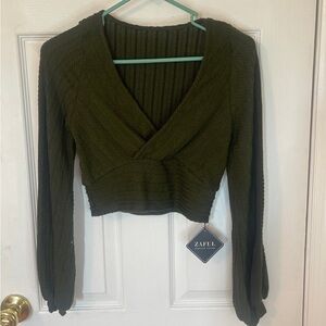 Zaful Deep Green Textured Wrap Crop Top